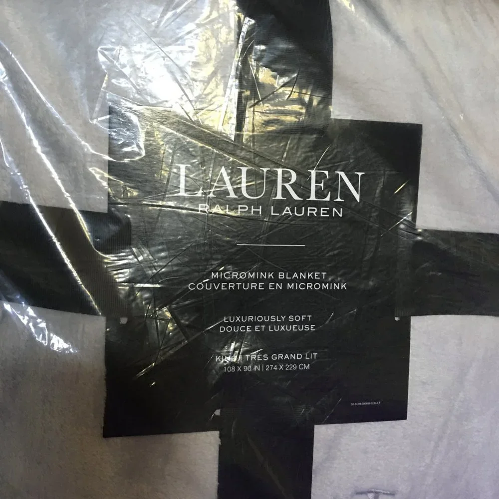 Lauren Ralph Classic KING Grey Soft Plush Blanket Coverlet Gift Bag Set